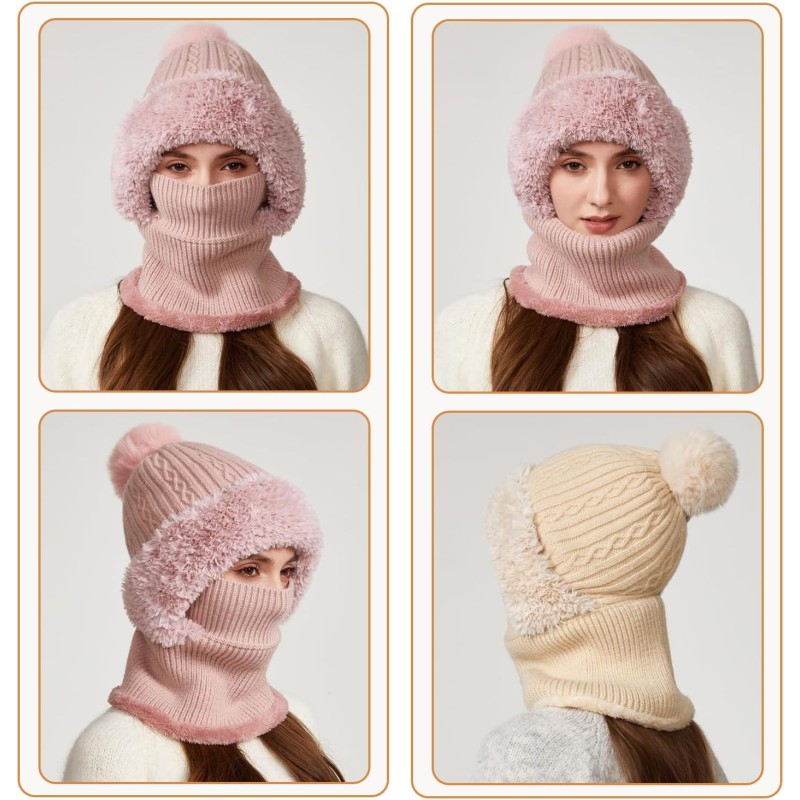 Women wearing pink fleece-lined knitted balaclava with hood and neck warmer