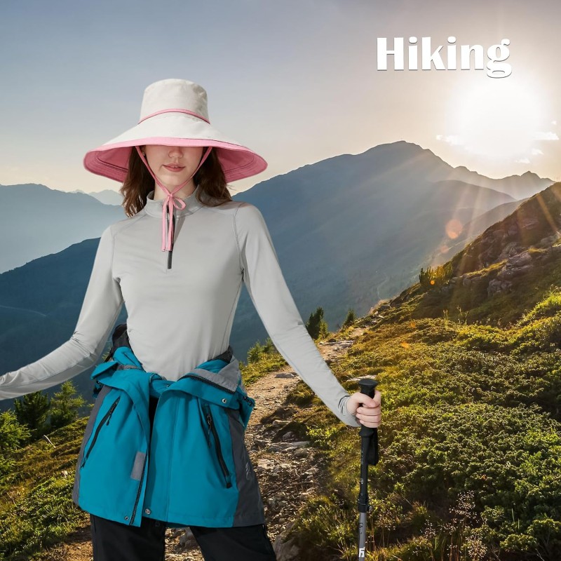 Women in reversible wide brim sun hat with UPF 50+ protection