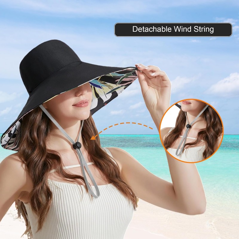 Women wearing reversible wide brim sun hat with UPF 50+ protection, bohemian bucket style for hiking and beach