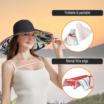Women wearing reversible wide brim sun hat with UPF 50+ protection, bohemian bucket style for hiking and beach