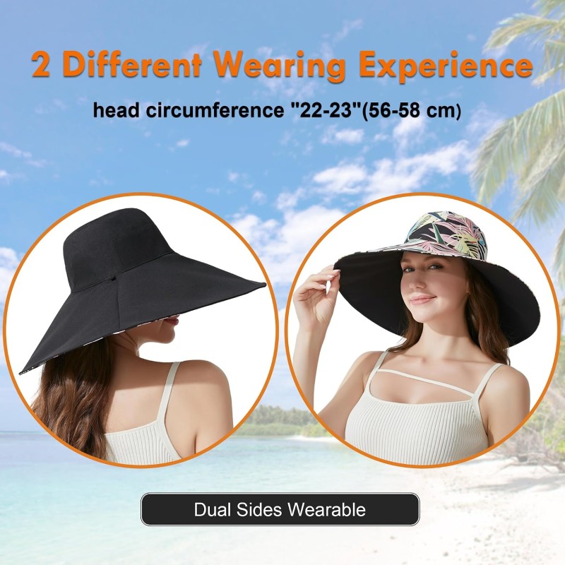 Women wearing reversible wide brim sun hat with UPF 50+ protection, bohemian bucket style for hiking and beach