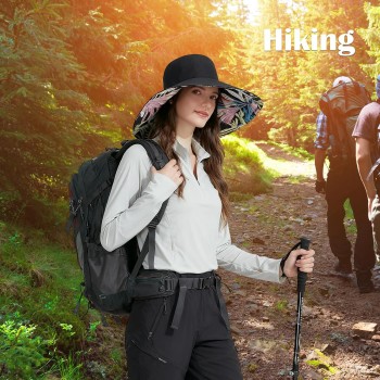 Women's Reversible Wide Brim Sun Hat UPF 50+ Bohemian Bucket Hat for Hiking Beach