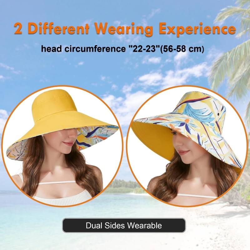 Woman wearing a reversible wide brim sun hat with UPF50+ protection at the beach