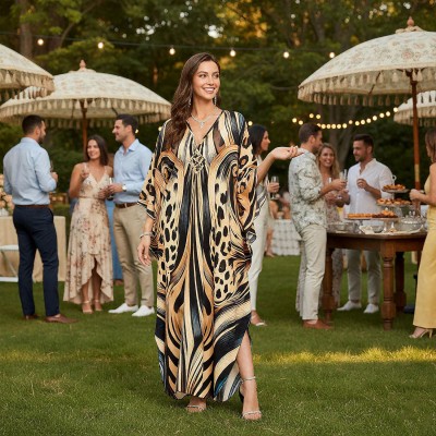Plus size woman wearing bohemian maxi kaftan dress as swim cover up and loungewear