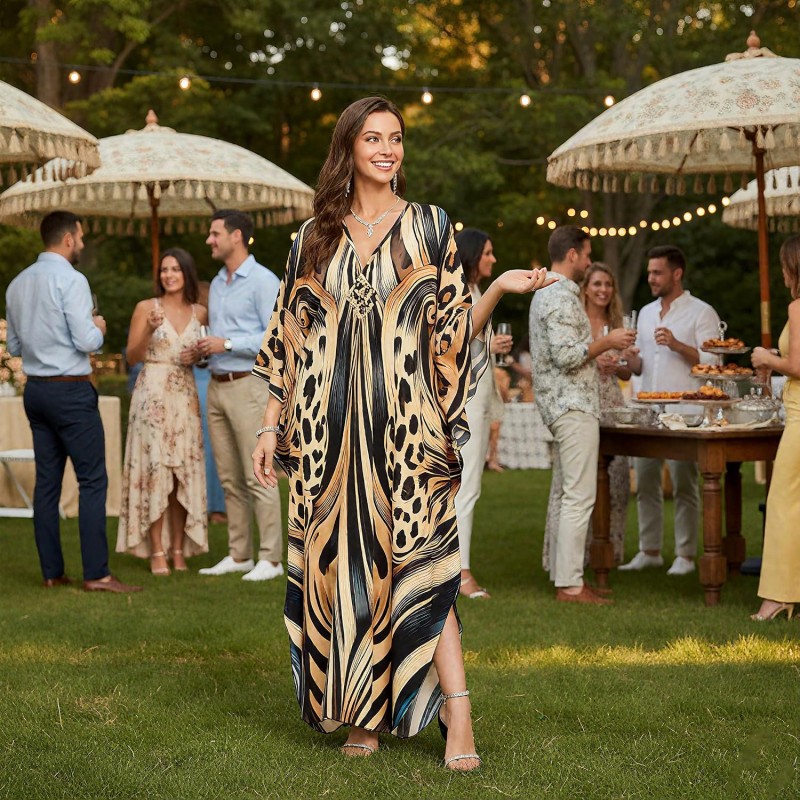 Plus size woman wearing bohemian maxi kaftan dress as swim cover up and loungewear