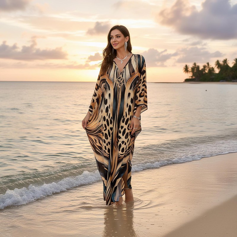 Plus size woman wearing bohemian maxi kaftan dress as swim cover up and loungewear