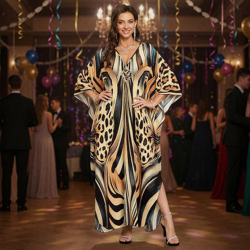 Plus size woman wearing bohemian maxi kaftan dress as swim cover up and loungewear