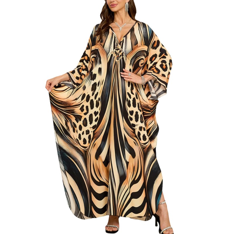 Plus size woman wearing bohemian maxi kaftan dress as swim cover up and loungewear