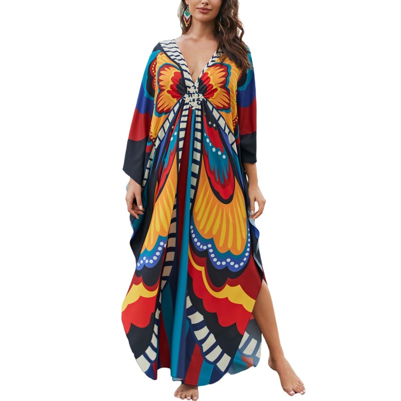Bohemian Floral Caftan Dress – Flowy Beach Coverup