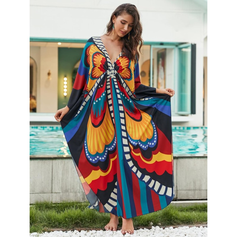 Bohemian Floral Caftan Dress – Flowy Beach Coverup