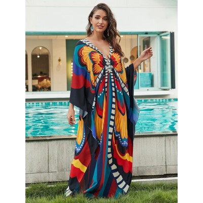 Bohemian Floral Caftan Dress – Flowy Beach Coverup