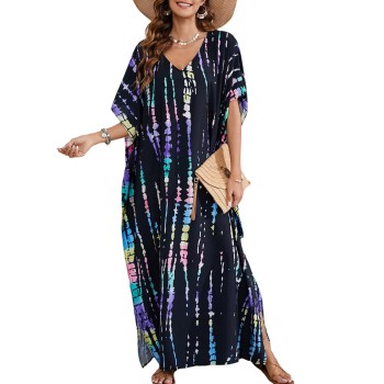 Black Regal Radiance Plus Size Boho Kaftan - Beach Cover Up
