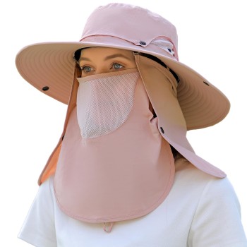 Full Coverage Sun Hat with Neck Flap & Face Mask - Adjustable, Breathable Unisex Pink