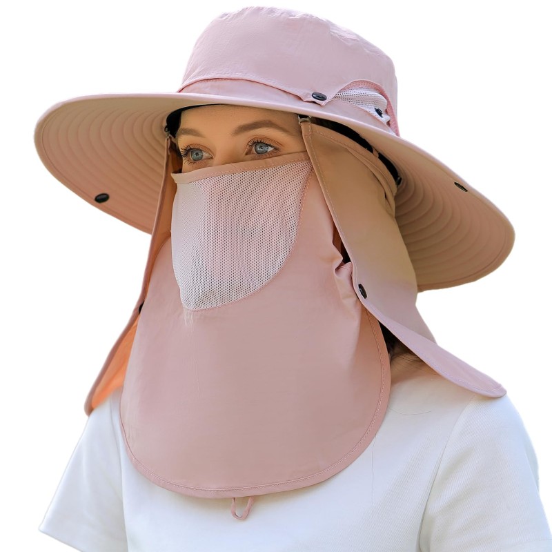 Full Coverage Sun Hat with Neck Flap & Face Mask - Adjustable, Breathable Unisex Pink Pink full coverage sun hat with neck flap and face mask