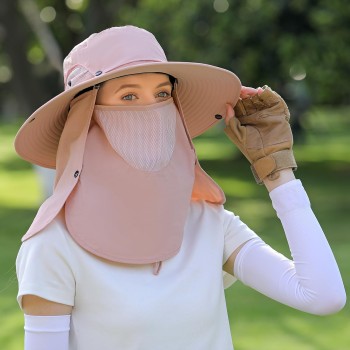 Full Coverage Sun Hat with Neck Flap & Face Mask - Adjustable, Breathable Unisex Pink Full Coverage Sun Hat with Neck Flap & Face Mask - Adjustable, Breathable Unisex Pink
