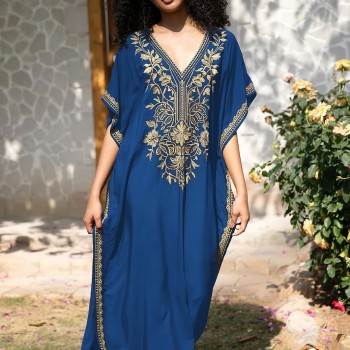 Bohemian Caftan Dress – Floral Gold Embroidery Beach Coverup