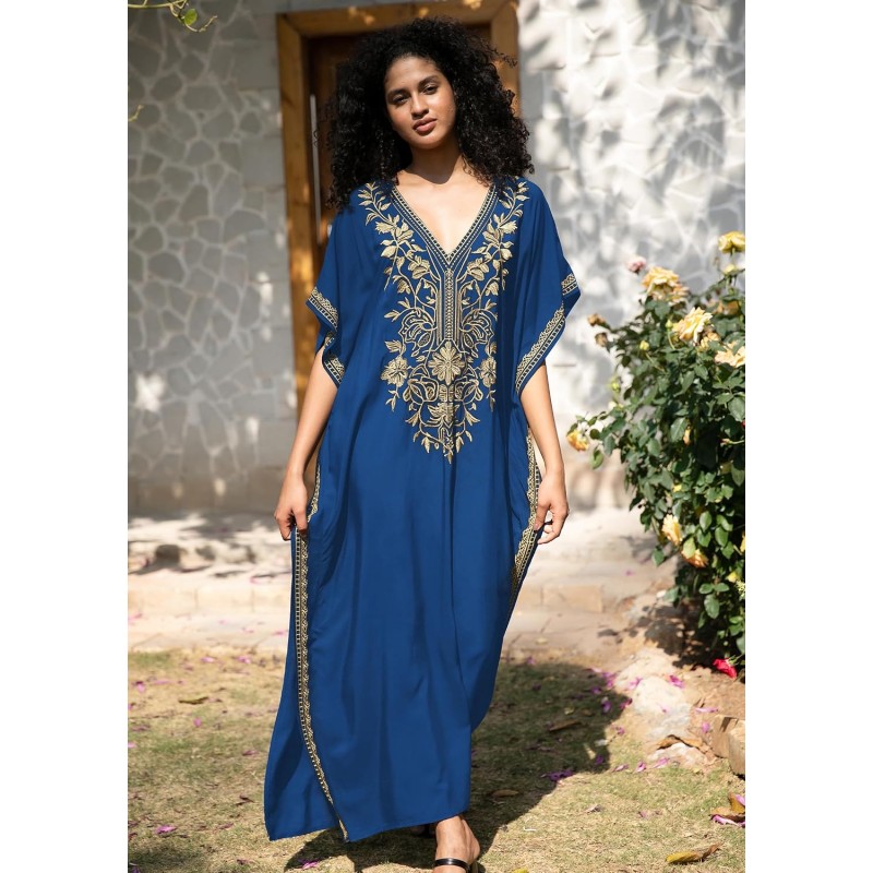 Bohemian Caftan Dress – Floral Gold Embroidery Beach Coverup Bohemian caftan dress with floral gold embroidery and sheer fabric beach coverup