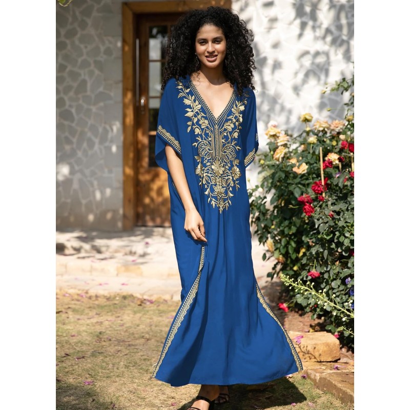 Bohemian Caftan Dress – Floral Gold Embroidery Beach Coverup Bohemian caftan dress with floral gold embroidery and sheer fabric beach coverup