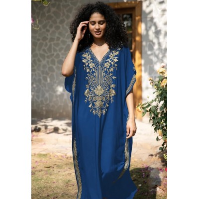 Bohemian Caftan Dress – Floral Gold Embroidery Beach Coverup Bohemian caftan dress with floral gold embroidery and sheer fabric beach coverup