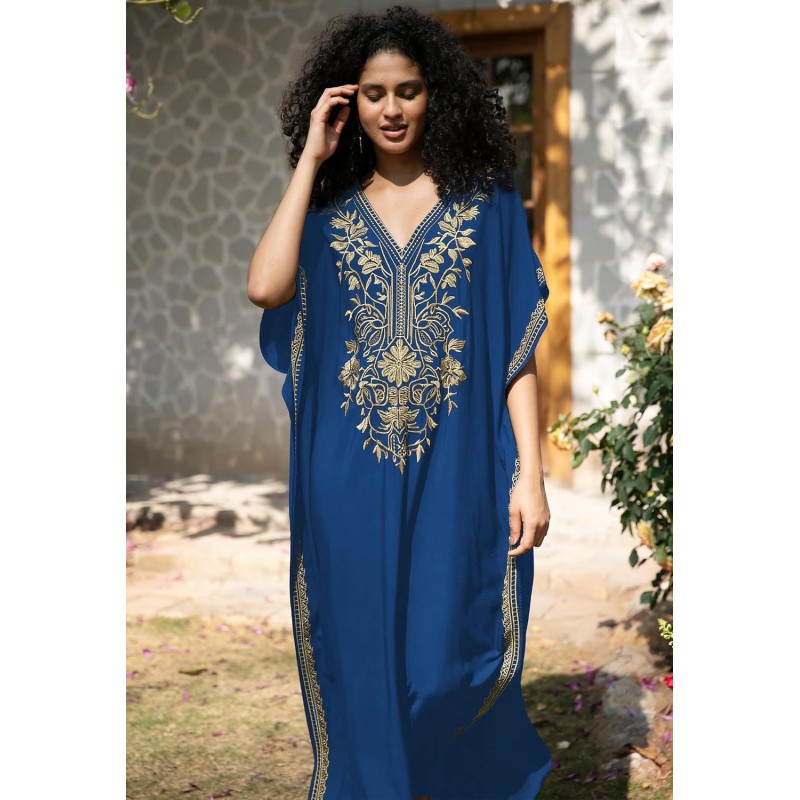 Bohemian Caftan Dress – Floral Gold Embroidery Beach Coverup Bohemian caftan dress with floral gold embroidery and sheer fabric beach coverup