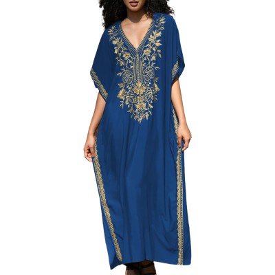 Bohemian Caftan Dress – Floral Gold Embroidery Beach Coverup Bohemian caftan dress with floral gold embroidery and sheer fabric beach coverup