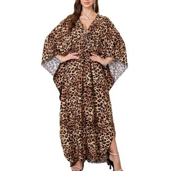 Bohemian Maxi Caftan Dress for Women - Plus Size Beach Cover Up, Brown Leopard
