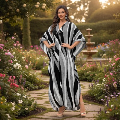 Bohemian black white wavy stripe caftan maxi dress plus size beach cover up
