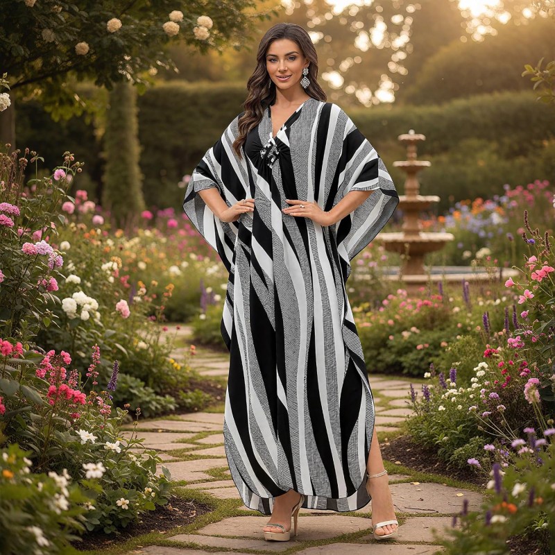 Bohemian black white wavy stripe caftan maxi dress plus size beach cover up