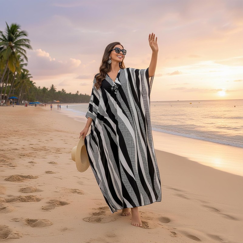 Bohemian black white wavy stripe caftan maxi dress plus size beach cover up
