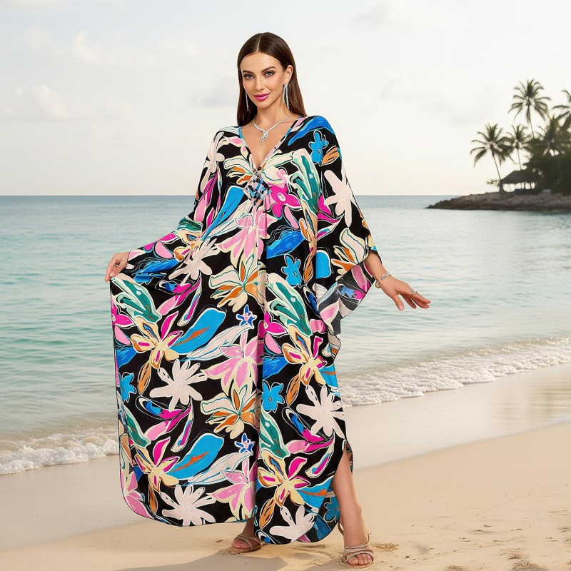 Bohemian floral plus size kaftan maxi dress with flowy fabric