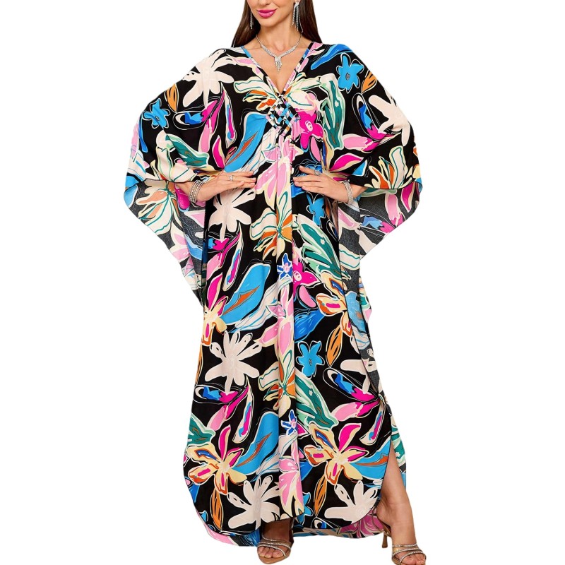 Bohemian floral plus size kaftan maxi dress with flowy fabric