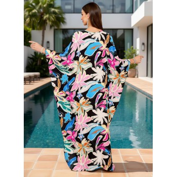 Bohemian Floral Plus Size Kaftan Maxi Dress - Beach Cover Up & Loungewear
