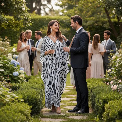 Women in Bohemian Zebra Print Caftan Maxi Dress on Beach