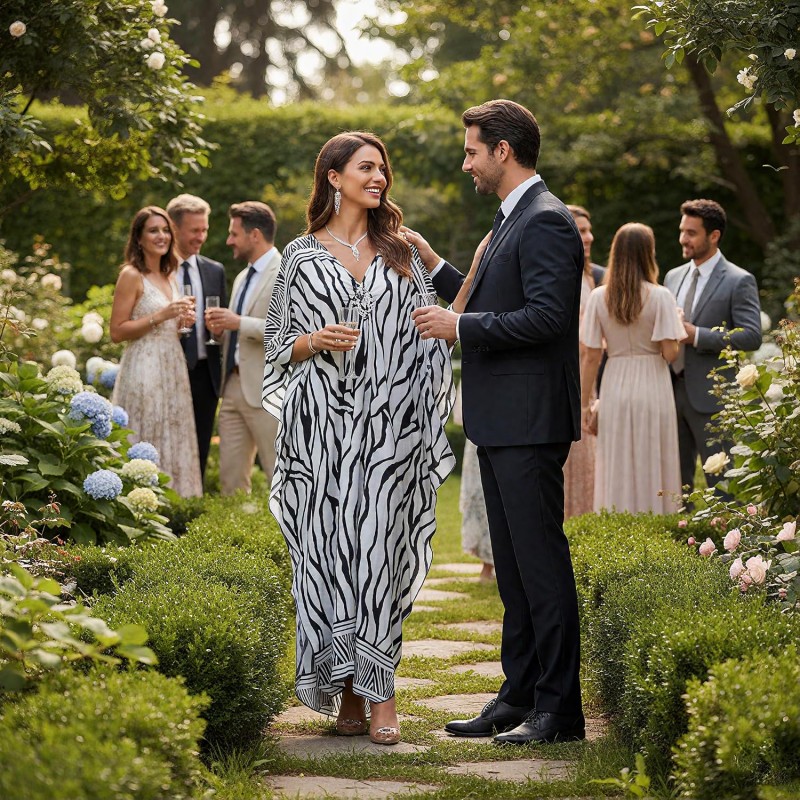 Women in Bohemian Zebra Print Caftan Maxi Dress on Beach