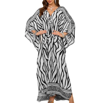Women's Bohemian Zebra Print Caftan Maxi Dress - Beach Cover Up & Loungewear
