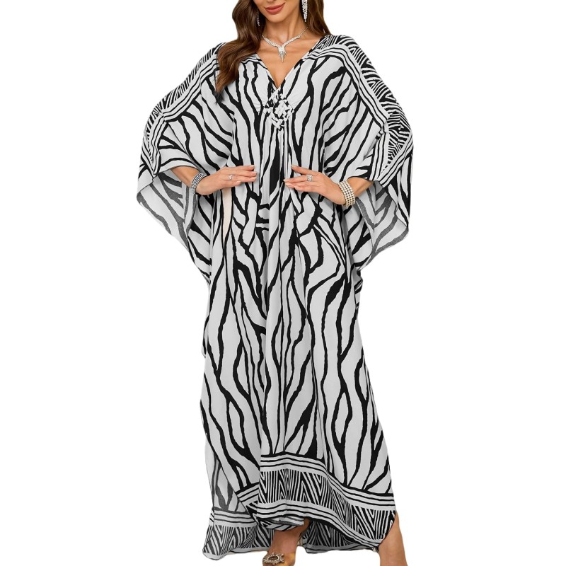 Women in Bohemian Zebra Print Caftan Maxi Dress on Beach