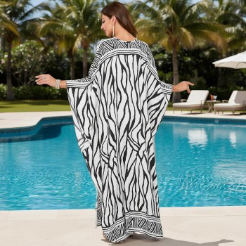 Women's Bohemian Zebra Print Caftan Maxi Dress - Beach Cover Up & Loungewear