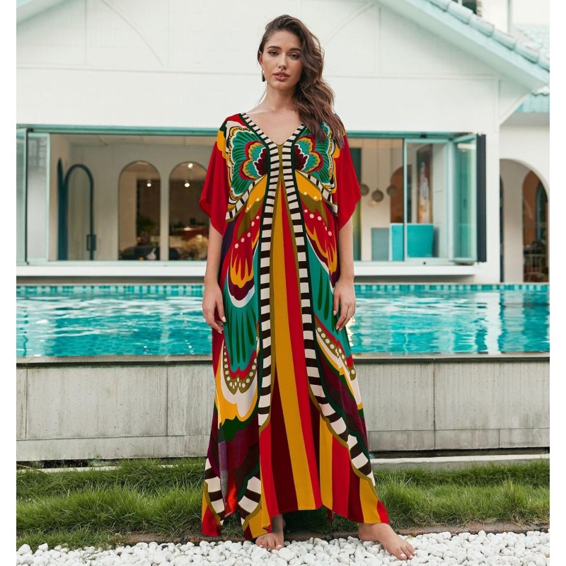Plus size boho kaftan maxi dress swimsuit cover up with batwing sleeves