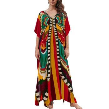Plus Size Boho Kaftan Maxi Dress Swimsuit Cover Up with Batwing Sleeves