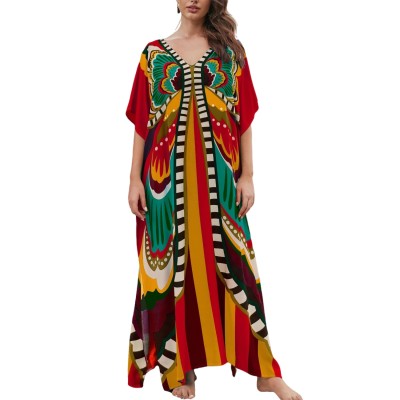 Plus size boho kaftan maxi dress swimsuit cover up with batwing sleeves