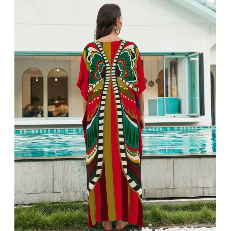 Plus size boho kaftan maxi dress swimsuit cover up with batwing sleeves