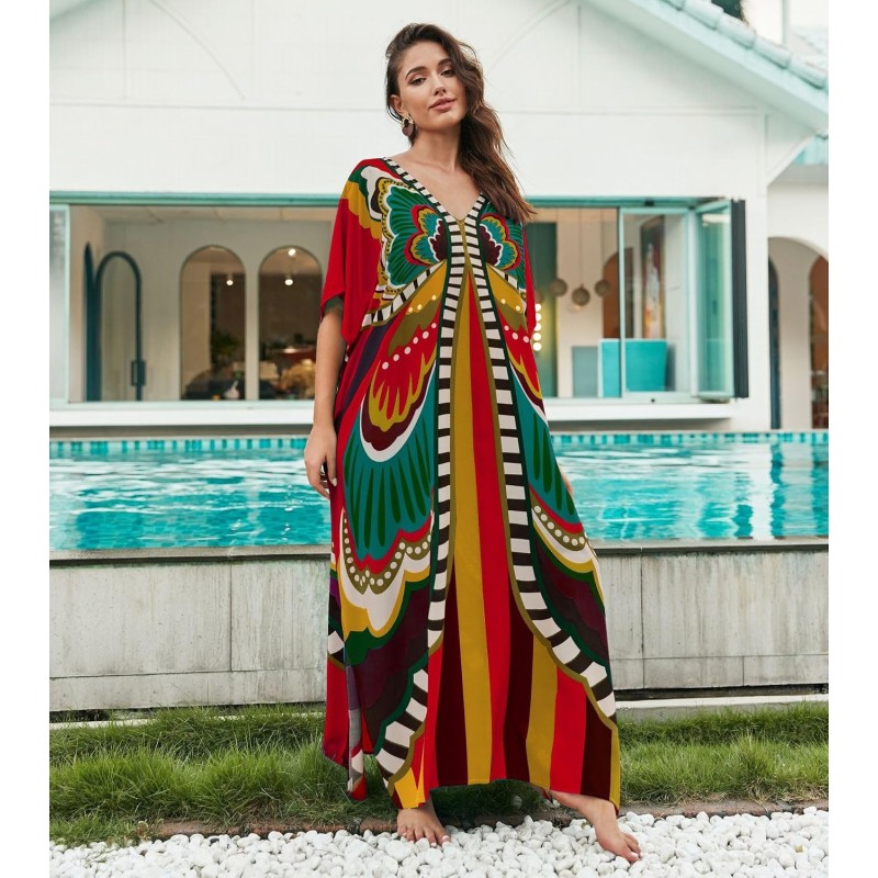Plus size boho kaftan maxi dress swimsuit cover up with batwing sleeves