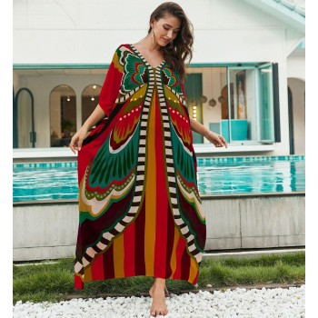 Plus Size Boho Kaftan Maxi Dress Swimsuit Cover Up with Batwing Sleeves