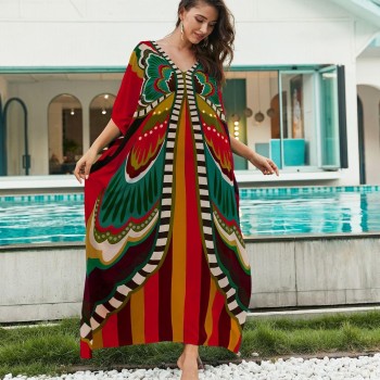 Plus Size Boho Kaftan Maxi Dress Swimsuit Cover Up with Batwing Sleeves Plus Size Boho Kaftan Maxi Dress Swimsuit Cover Up with Batwing Sleeves
