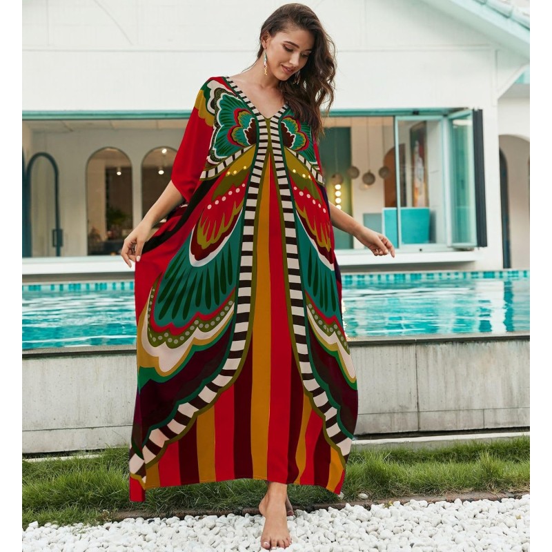 Plus size boho kaftan maxi dress swimsuit cover up with batwing sleeves