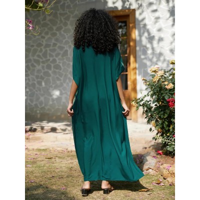 Bohemian floral caftan dress dark green gold embroidery plus size swim coverup