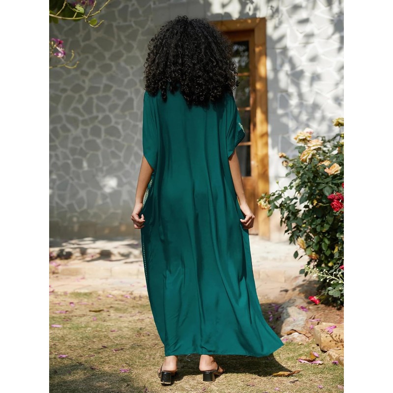 Bohemian floral caftan dress dark green gold embroidery plus size swim coverup