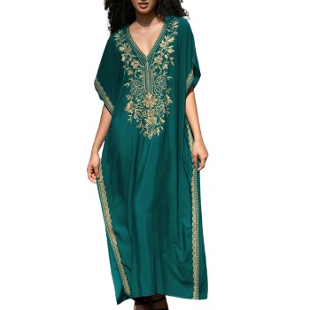 Bohemian Floral Caftan Dress - Dark Green Gold Embroidery, Plus Size Swim Coverup S-XXL