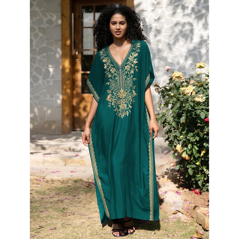 Bohemian floral caftan dress dark green gold embroidery plus size swim coverup