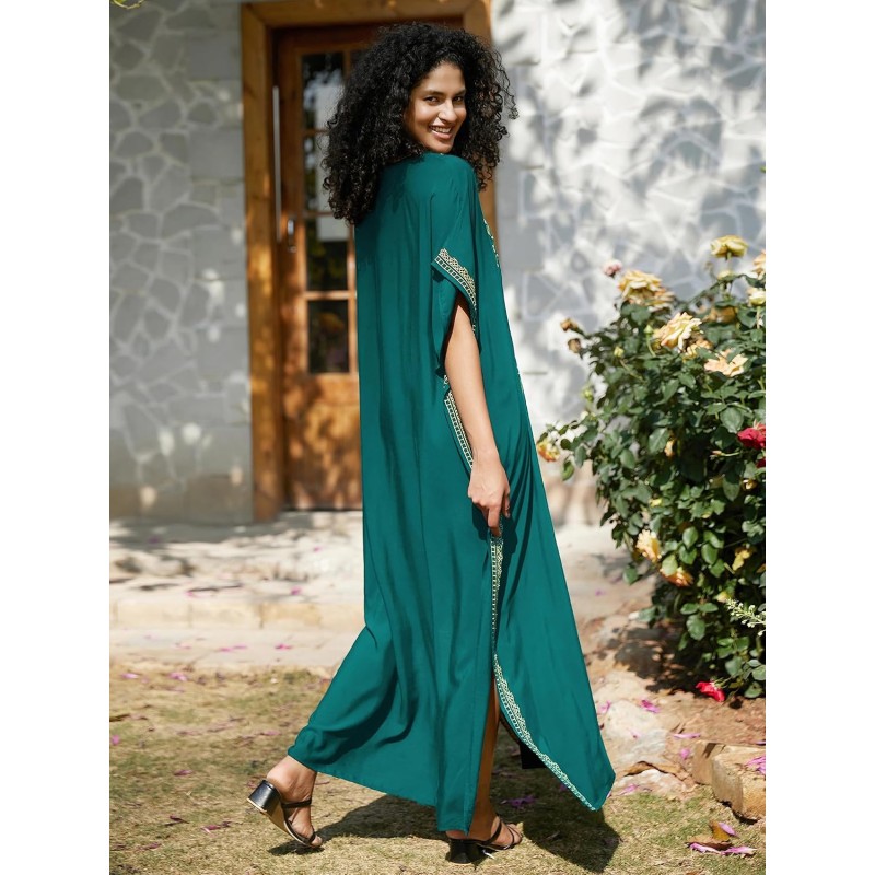 Bohemian floral caftan dress dark green gold embroidery plus size swim coverup